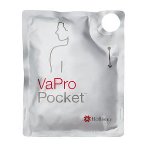 VaPro Pocket catheter packaging, sealed silver pouch with easy-open tab and product branding