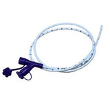 Medical feeding tube with purple connectors, coiled on a white background