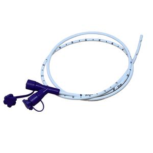 Medical feeding tube with purple connectors, coiled on a white background