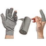 Gray compression gloves and bandage for hand and finger support, medical supply image