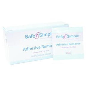 Safe n Simple adhesive remover wipes box and individual packet for medical use