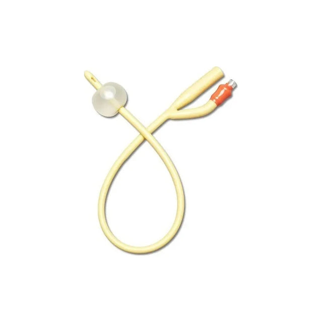 Foley silicone catheter with balloon, sterile medical urinary device on white background.