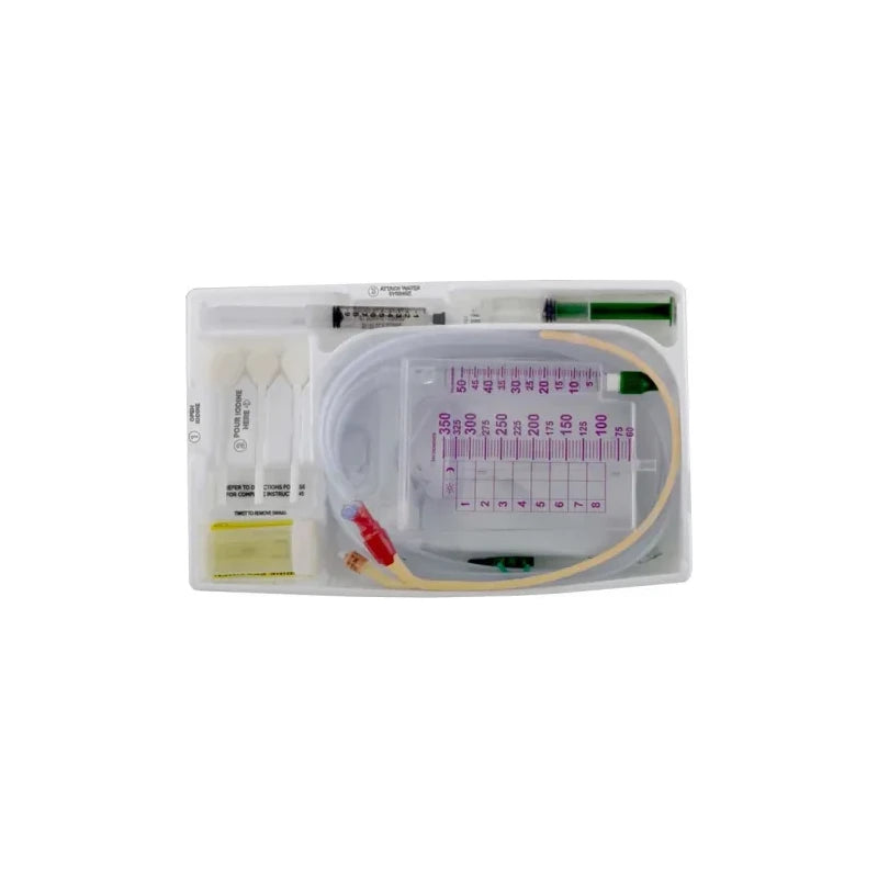 Sterile medical supply kit with tubing, catheter, syringes, and measurement chamber