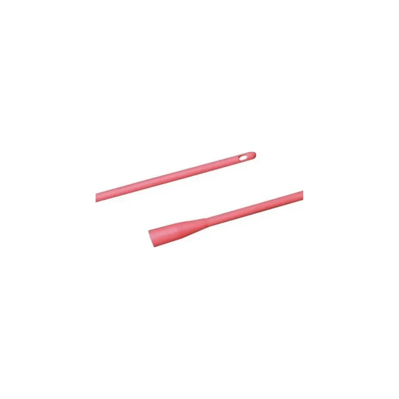 Red intermittent catheter with offset eyelet tip, medical supply on white background