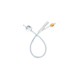 Sterile silicone Foley catheter with balloon and drainage port on white background