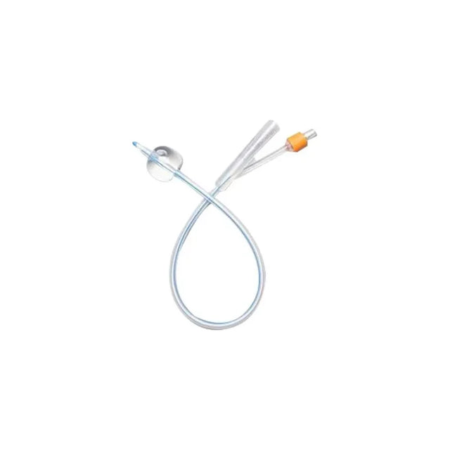 Sterile silicone Foley catheter with balloon and drainage port on white background