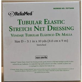 Box of ReliaMed tubular elastic stretch net dressing, size D, for medical wound care.