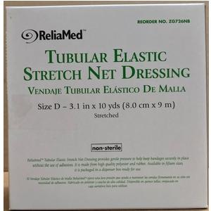 Box of ReliaMed tubular elastic stretch net dressing, size D, for medical wound care.