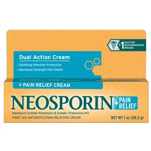 Neosporin pain relief dual action cream box, first aid antibiotic ointment, 1 oz