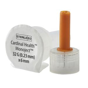 Sterile Cardinal Health Monoject 32G 6mm pen needle with orange safety cap for medical use