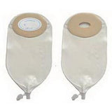 Two transparent ostomy pouches with adhesive backing and drainage valve, medical supply