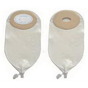 Two transparent ostomy pouches with adhesive backing and drainage valve, medical supply
