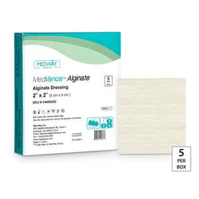 MedVance alginate dressing 2x2 inch box with sterile wound care pad, 5 per box