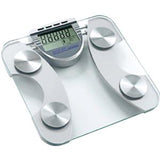 Digital glass bathroom scale with large LCD display and four metal sensors on platform