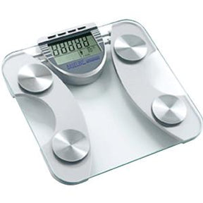 Digital glass bathroom scale with large LCD display and four metal sensors on platform