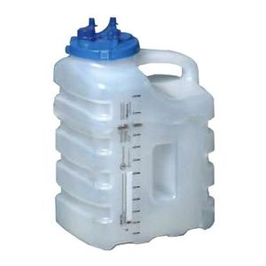 Large transparent plastic medical water container with blue lid and labeled measurement markings