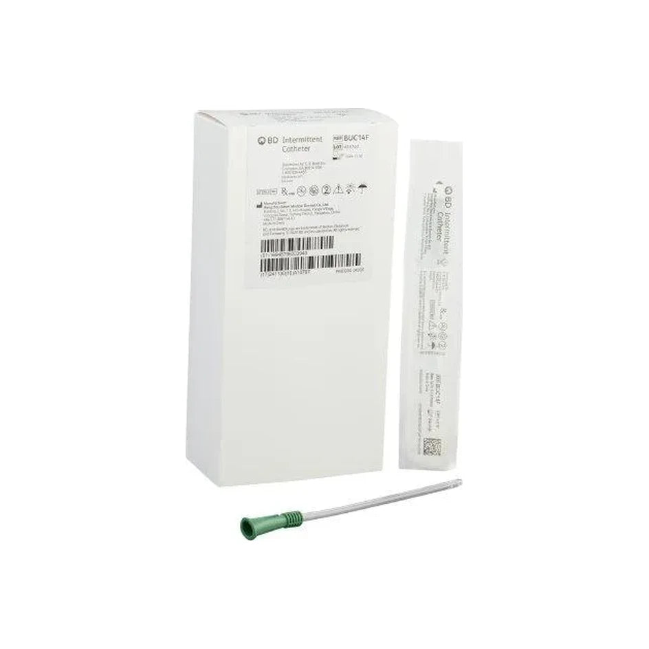 Sterile intermittent catheter kit with box, packaged catheter, and green medical tube