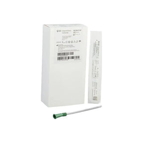 Sterile intermittent catheter kit with box, packaged catheter, and green medical tube