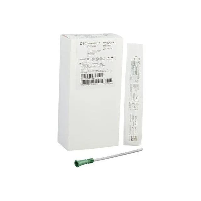 Sterile intermittent catheter kit with box, packaged catheter, and green medical tube