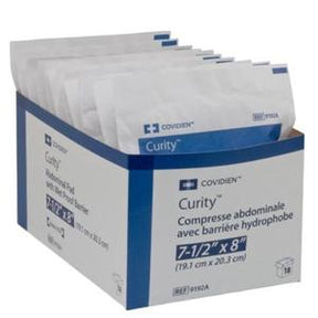 Box of Covidien Curity abdominal pads with hydrophobic barrier, medical supplies