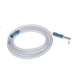 Medical suction tubing with blue connectors for home healthcare use, coiled on white background