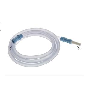 Medical suction tubing with blue connectors for home healthcare use, coiled on white background