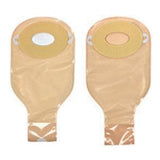 Two beige ostomy pouches for medical use, shown with adhesive backing facing up.