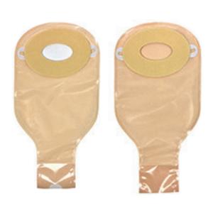 Two beige ostomy pouches for medical use, shown with adhesive backing facing up.