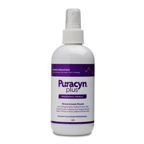 Puracyn Plus wound care spray bottle for chronic and acute wounds, white with purple label