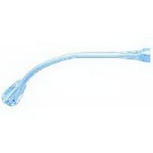 Clear medical suction catheter with angled tip on white background