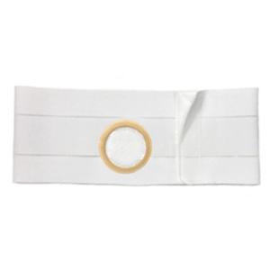 White ostomy support belt with round opening for medical supplies on plain background