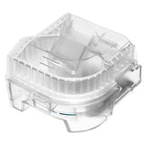 Clear CPAP humidifier water chamber for sleep apnea machine, isolated on white background