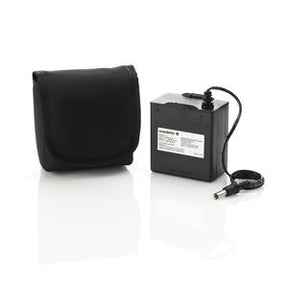 Medical device battery pack with attached cable and black carrying pouch on white background