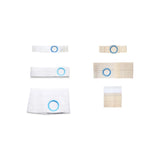 Assorted ostomy support belts and hernia belts with blue circular openings on white background