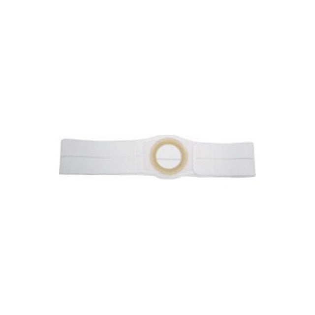White ostomy belt with circular opening for medical support, displayed on plain background.