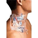 Clear medical dressing covering a catheter site on a person's neck.