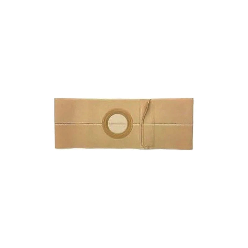Beige ostomy support belt with central circular opening on white background