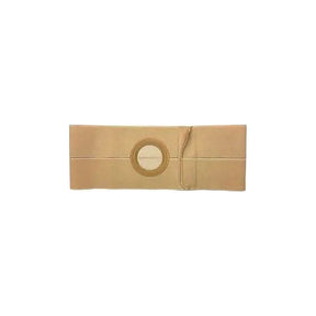 Beige ostomy support belt with central circular opening on white background