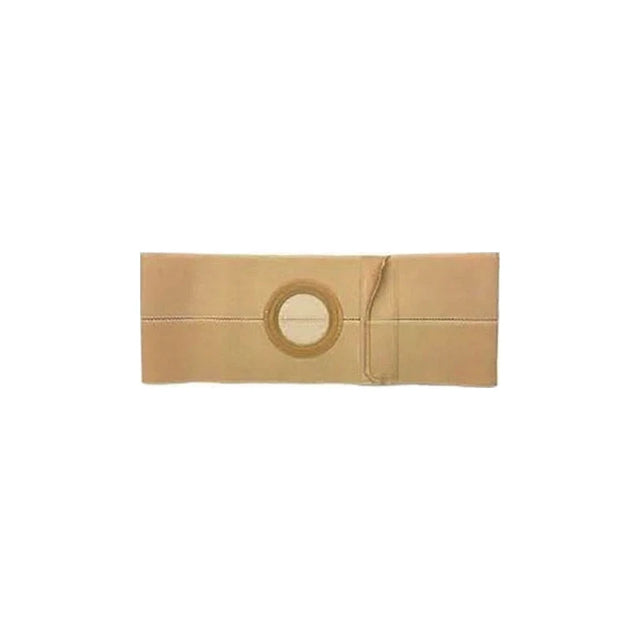 Beige ostomy support belt with central circular opening on white background
