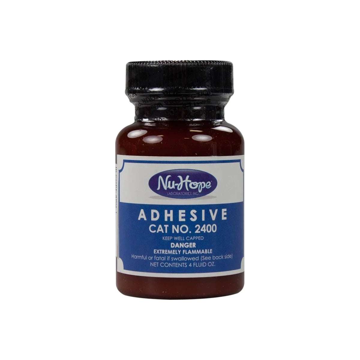 Nu-Hope adhesive bottle for medical use with blue label, cat no. 2400, 4 fl oz