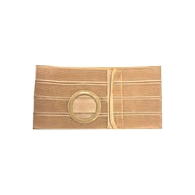 Beige medical ostomy support belt with adjustable fastener and circular stoma opening