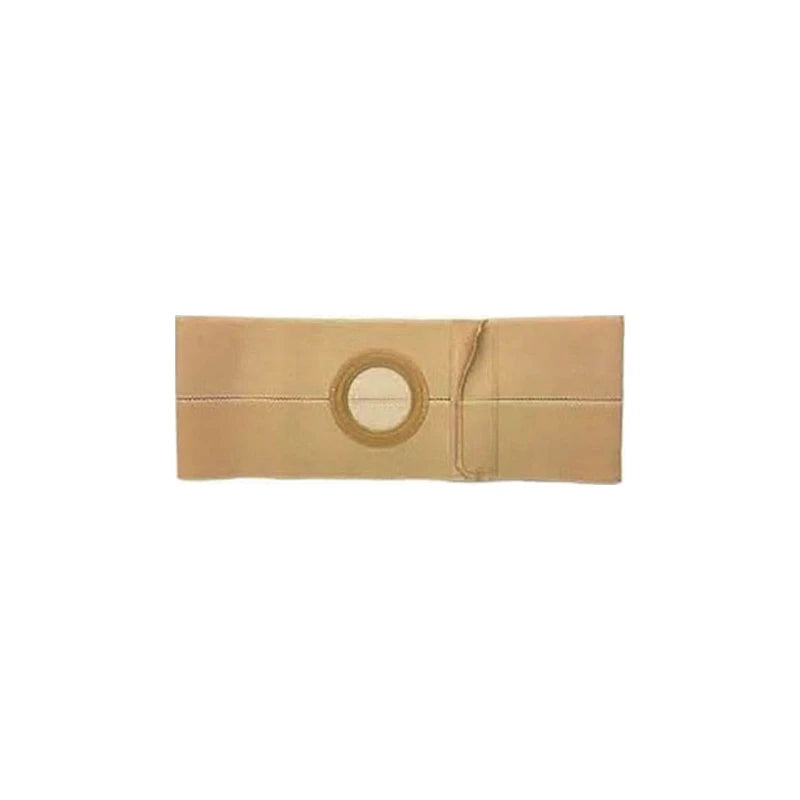 Beige ostomy support belt with circular stoma opening for medical supply use