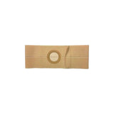 Beige ostomy support belt with circular stoma opening for medical supply use
