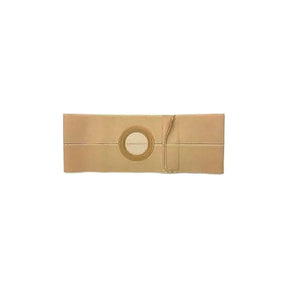 Beige ostomy support belt with circular stoma opening for medical supply use