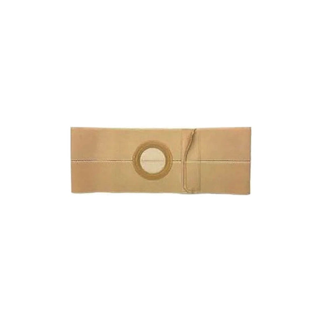 Beige ostomy support belt with circular stoma opening for medical supply use