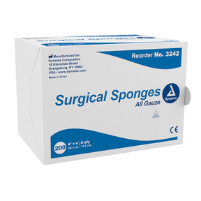 Box of Dynarex surgical sponges all gauze, sterile medical supplies, 4x4 inch, 200 count