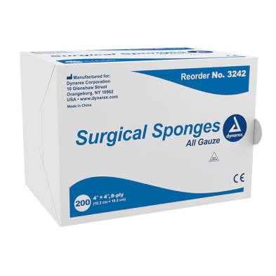 Box of Dynarex surgical sponges all gauze, sterile medical supplies, 4x4 inch, 200 count