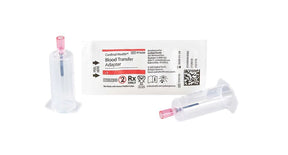 Blood transfer adapter with pink female Luer lock and sterile packaging for medical use