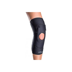 Black knee support brace with open patella design on a person's leg