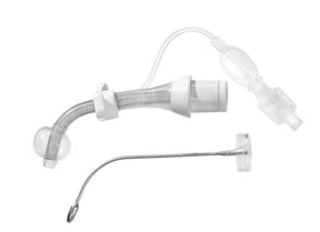 Medical tracheostomy tube with obturator and inflatable cuff on white background